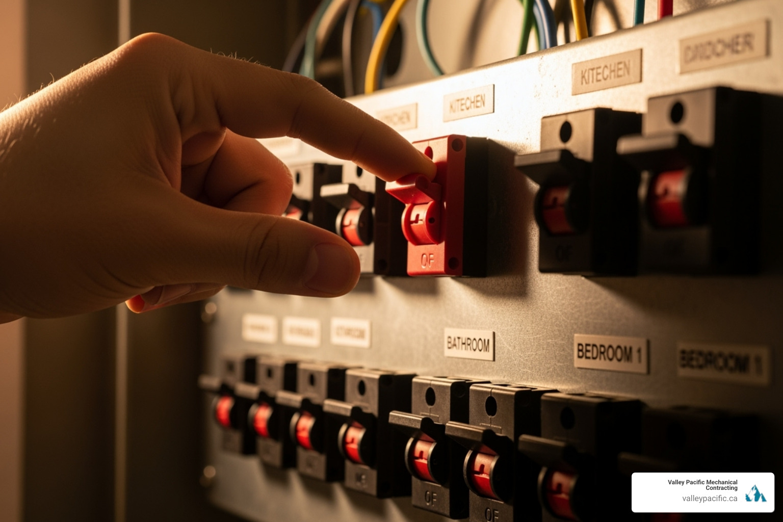 a circuit breaker panel with a hand flipping a switch - exhaust fan repair