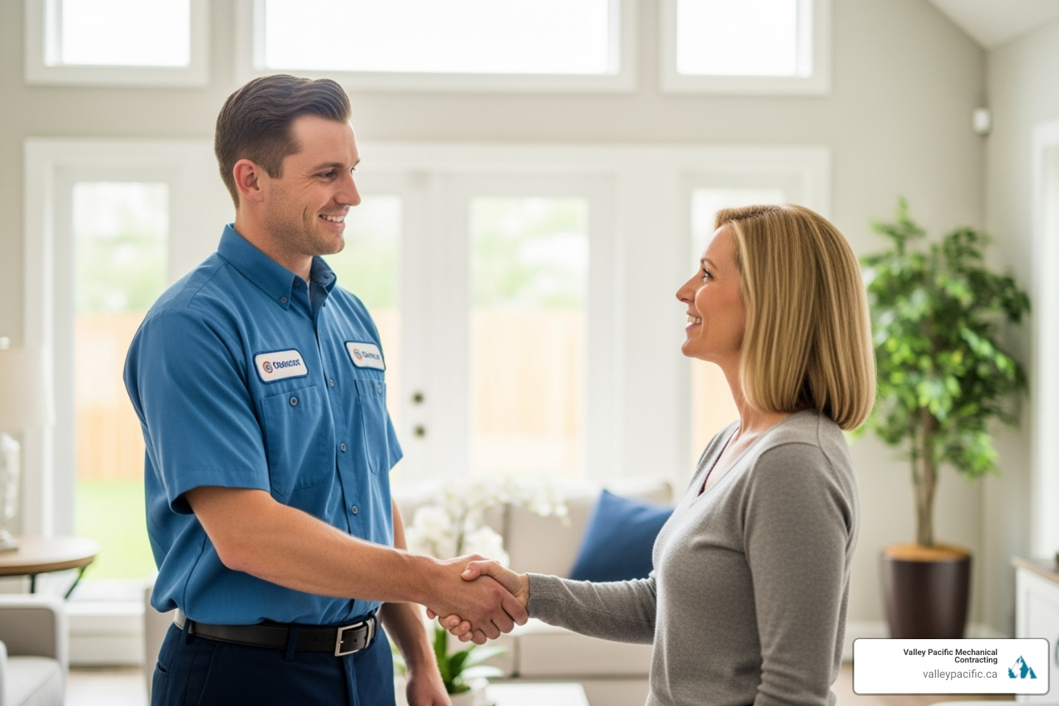 friendly technician shaking a homeowner's hand - hvac services maple ridge