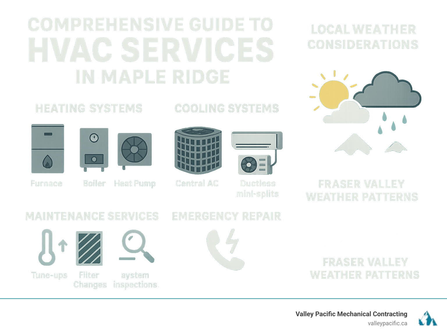 Comprehensive guide to HVAC services in Maple Ridge showing heating systems (furnaces, boilers, heat pumps), cooling systems (central AC, ductless mini-splits), maintenance services (tune-ups, filter changes, inspections), and emergency repair availability with local climate considerations for Fraser Valley weather patterns - hvac services maple ridge infographic 