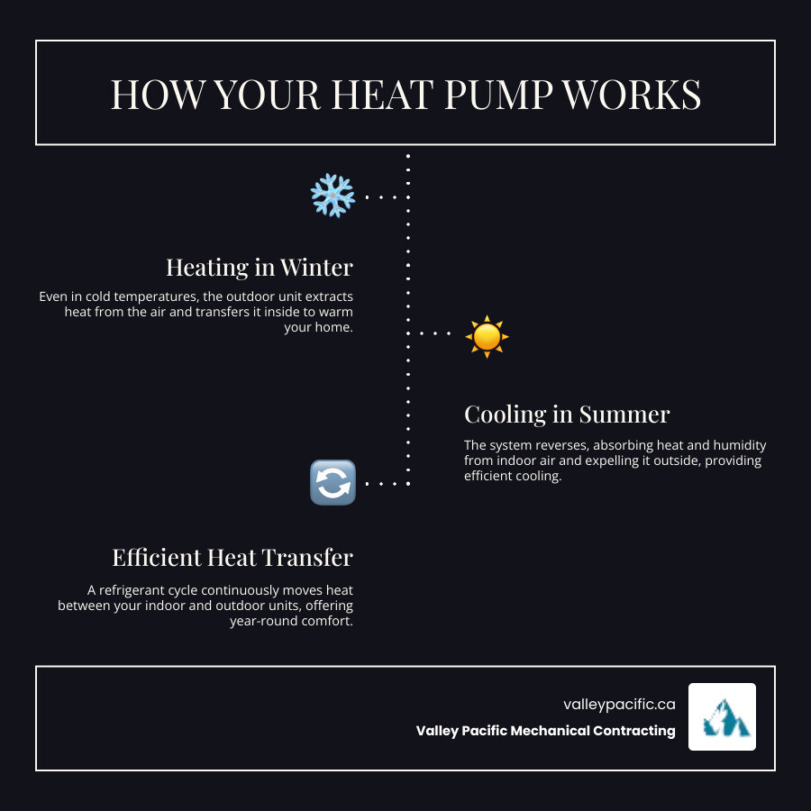 Infographic showing heat pump operation cycle with outdoor unit extracting heat from air in winter and expelling heat in summer, connected to indoor unit distributing conditioned air throughout home - heat pump installation Maple Ridge infographic infographic-line-3-steps-dark