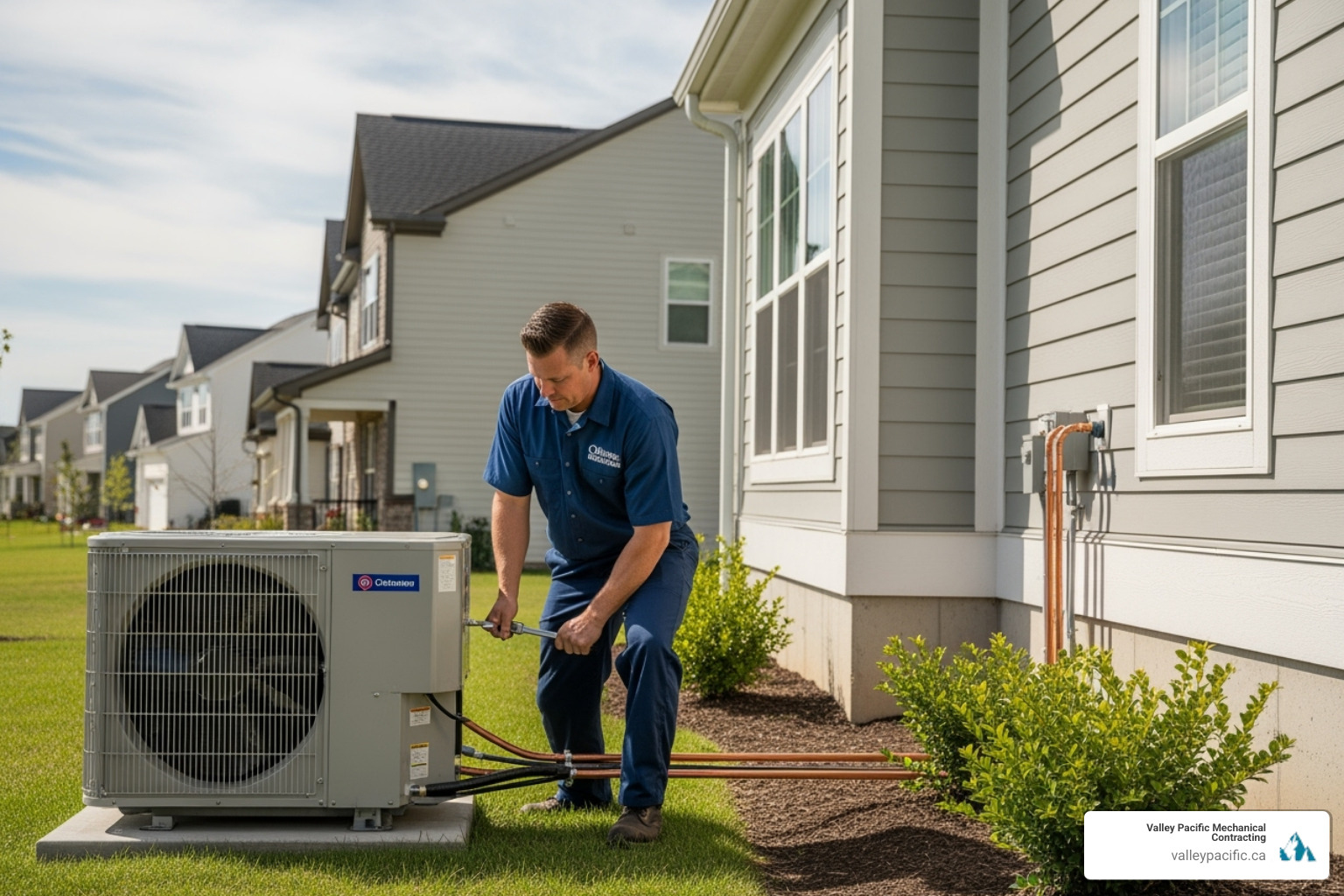 technician professionally installing an outdoor heat pump unit - heat pump installation Maple Ridge