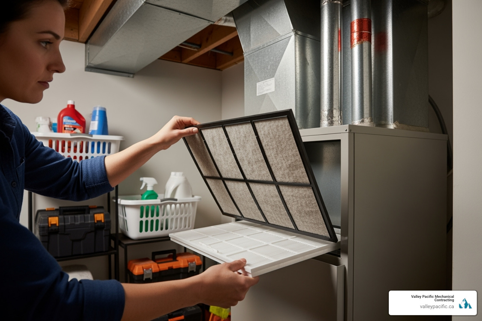 homeowner replacing a heat pump air filter - heat pump maintenance