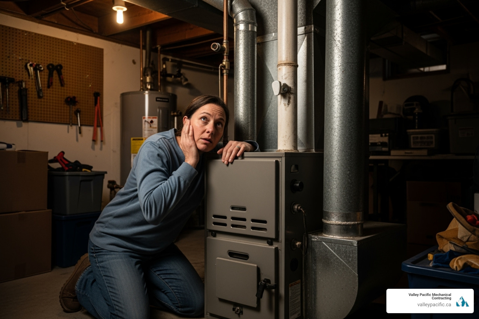 homeowner listening to their furnace with a concerned expression - furnace blower motor replacement
