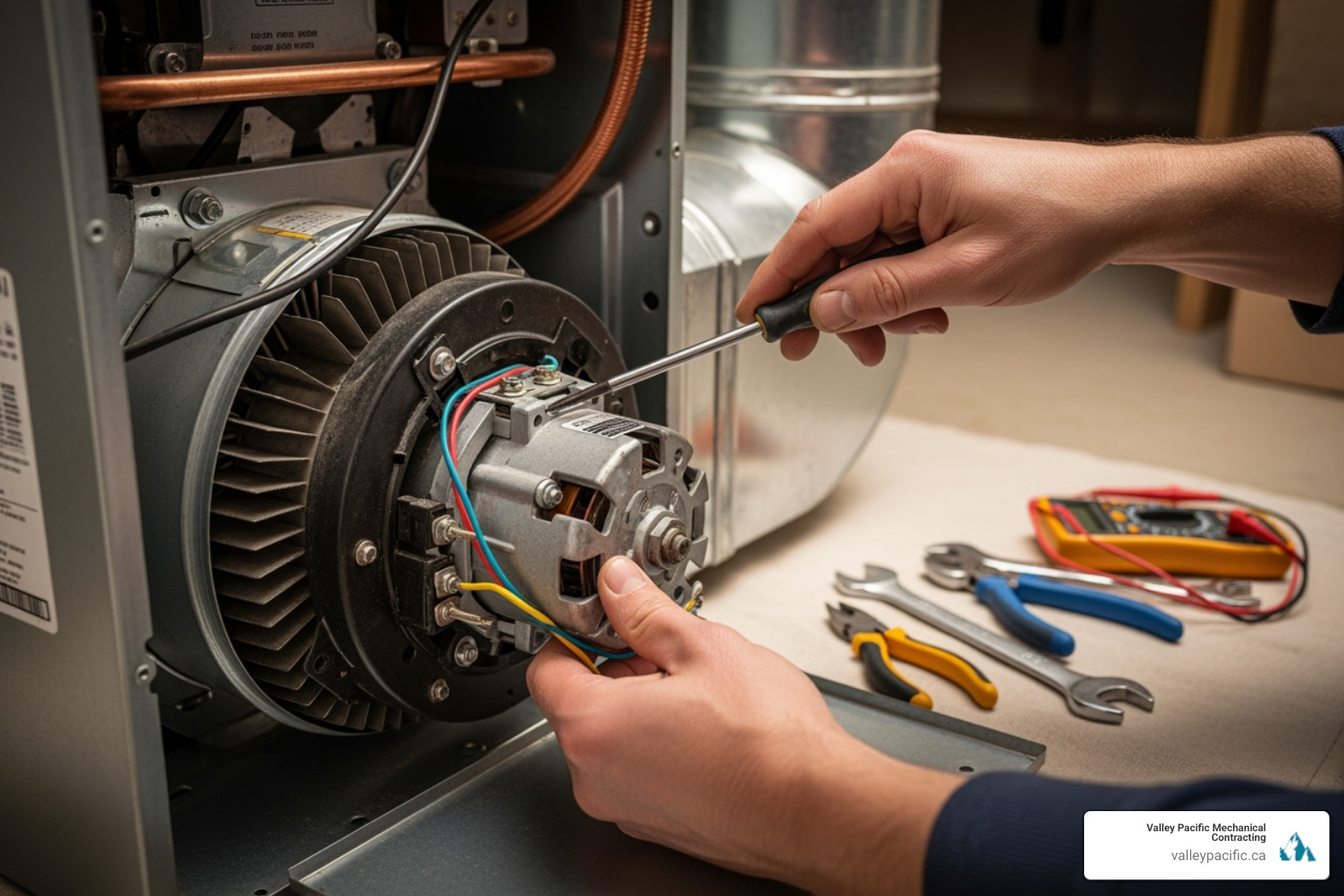 HVAC technician's hands working on a furnace blower assembly - furnace blower motor replacement HVAC technician's hands working on a furnace blower assembly - furnace blower motor replacement