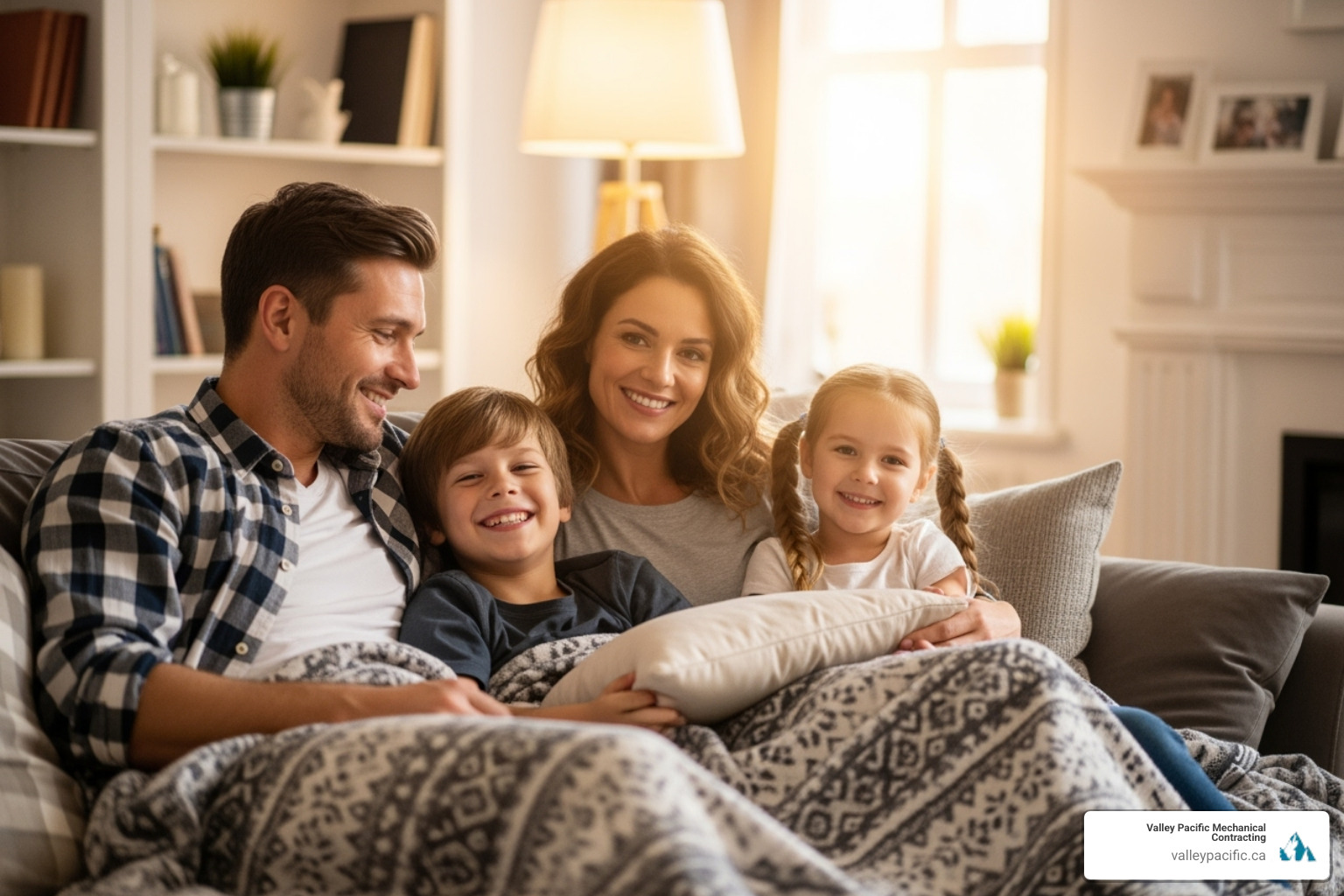 A happy family enjoying their warm home, sitting on a sofa with blankets, smiling, as warm light fills the room - Furnace repair Mission BC