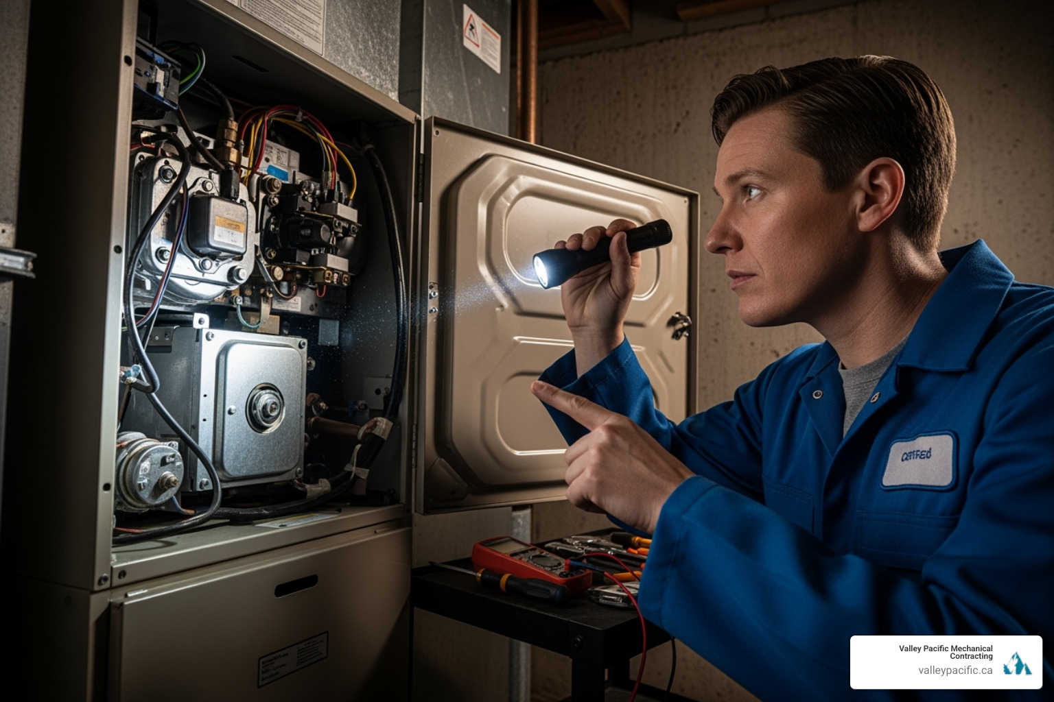 A certified technician carefully inspecting a furnace unit, pointing at internal components with a flashlight - Furnace repair Mission BC