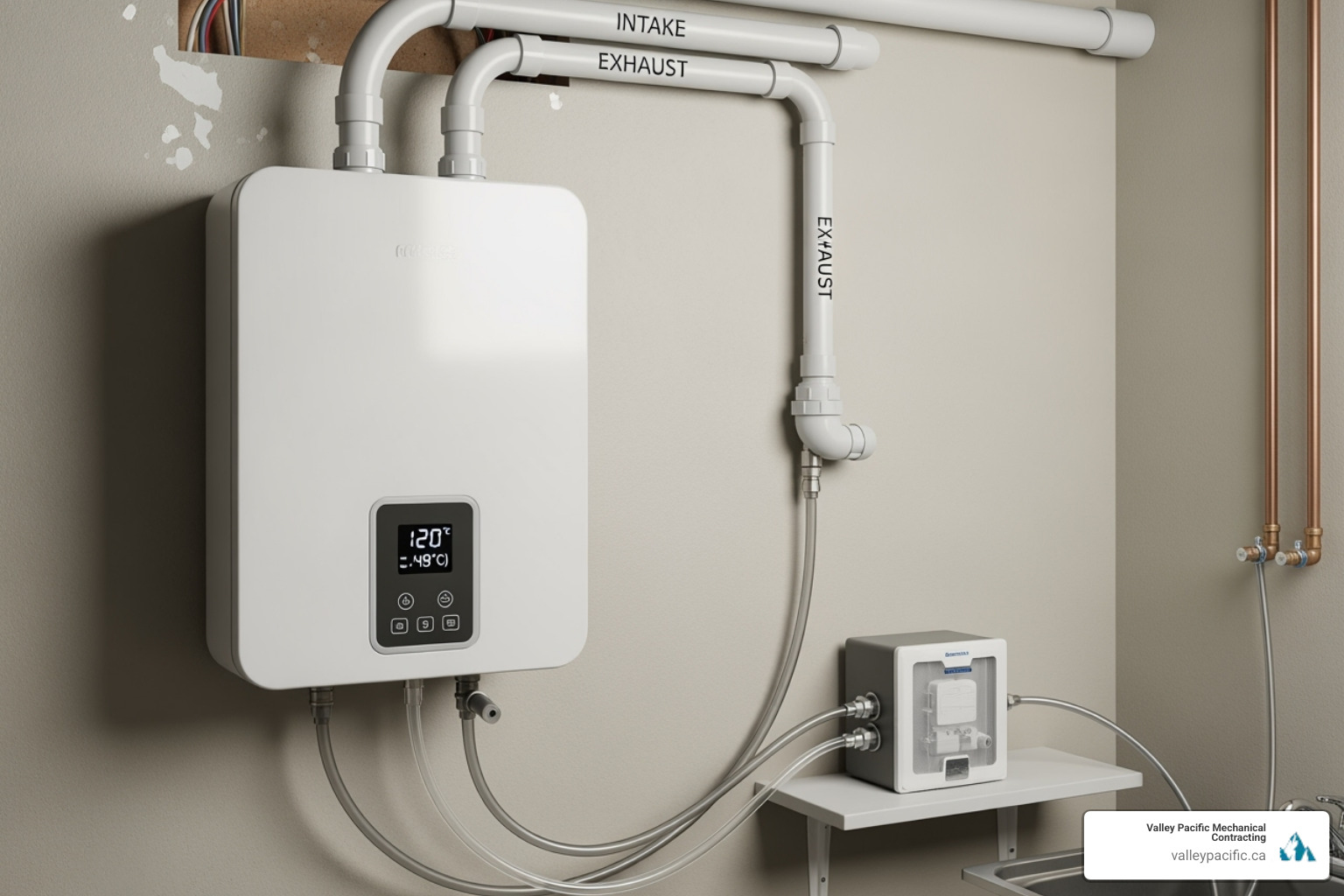 venting and condensate drain setup for a condensing tankless unit - tankless water heater