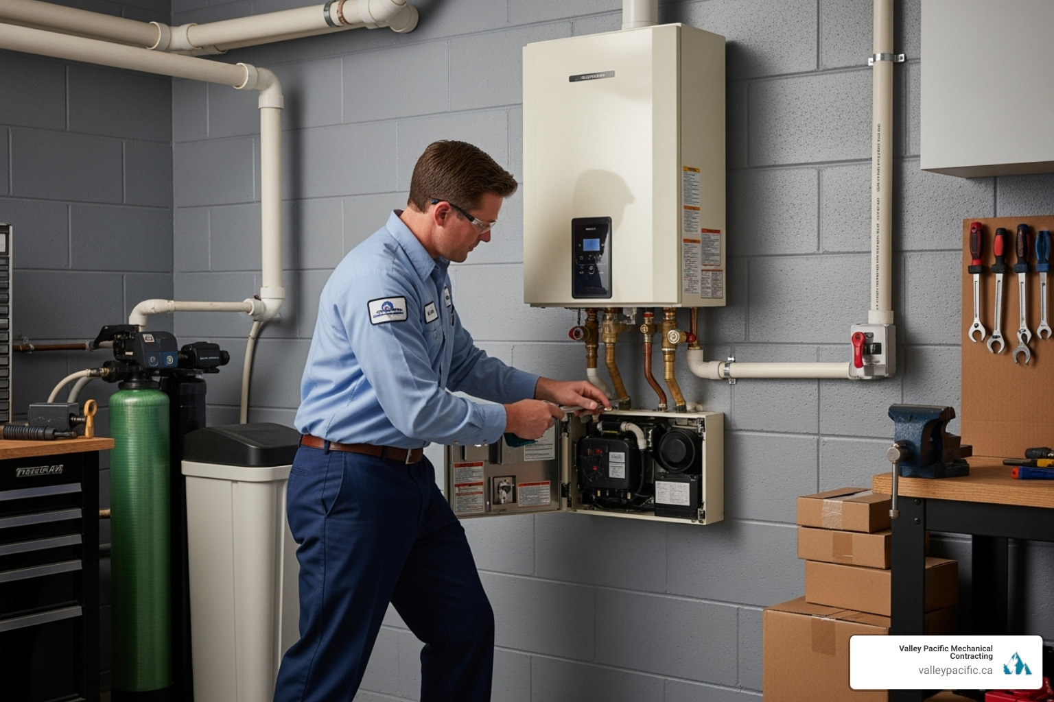 technician performing annual maintenance on a tankless unit - tankless water heater