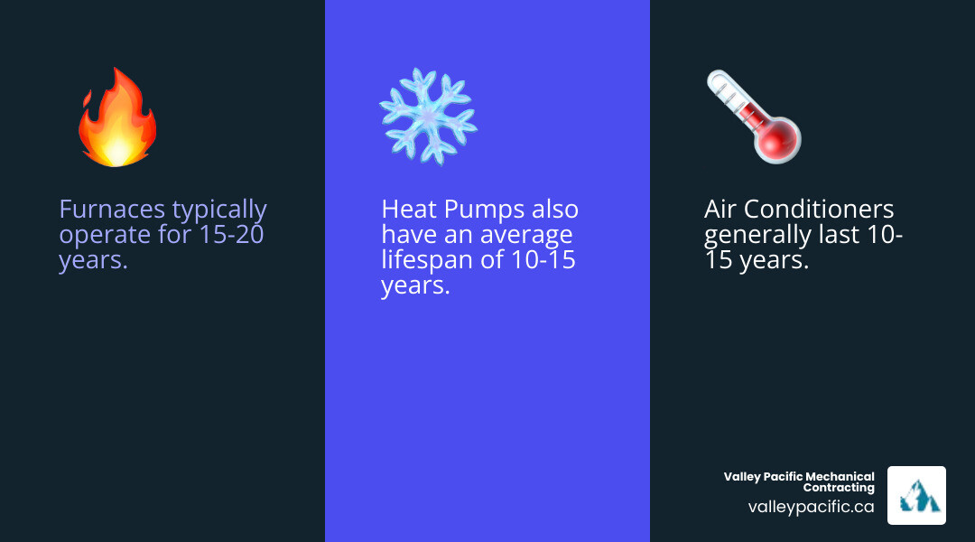Table comparing the average lifespan of furnaces, air conditioners, and heat pumps - hvac services pitt meadows infographic 3_facts_emoji_blue