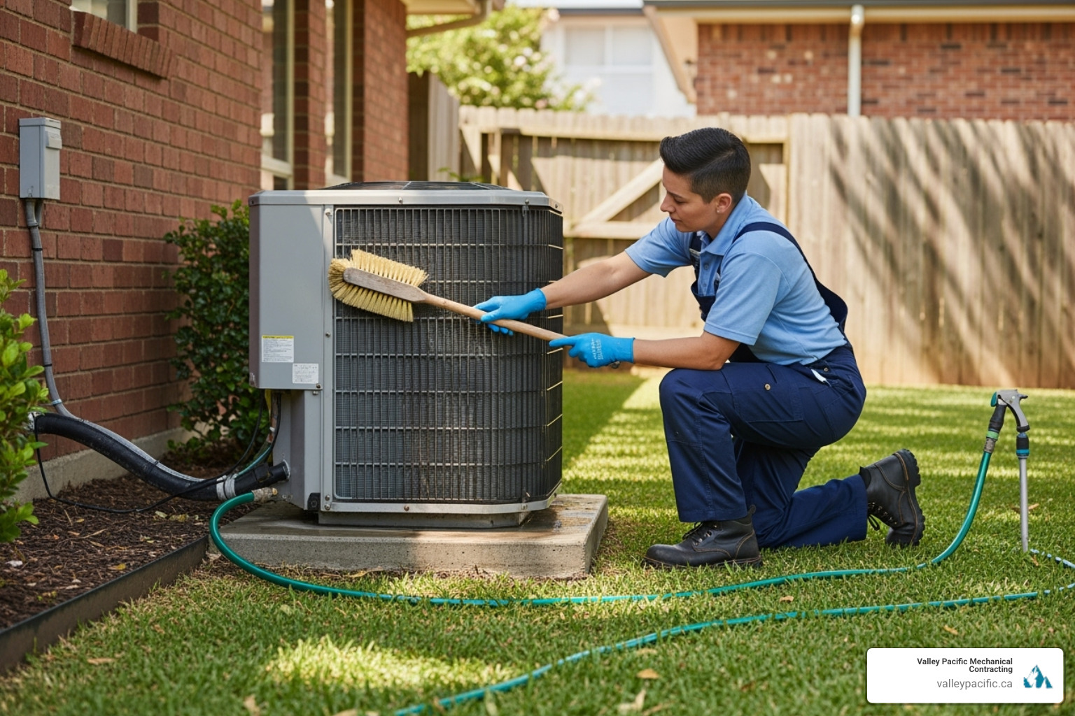 A technician cleaning the outdoor coil of a heat pump - Coquitlam heat pump repair