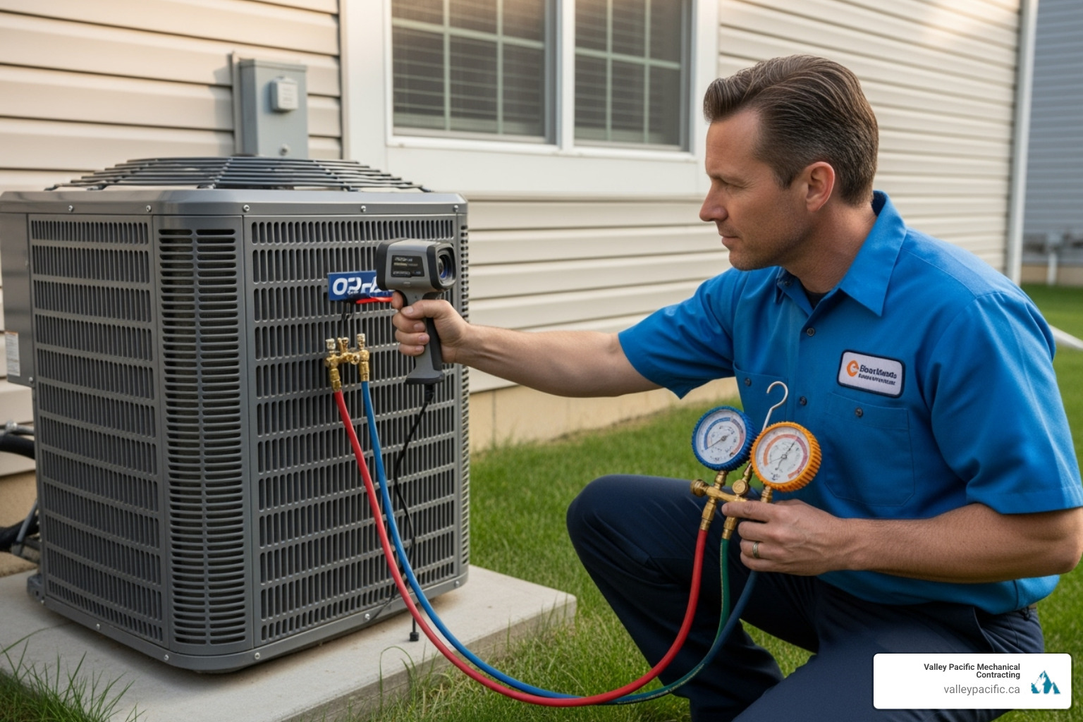 A professional technician diagnosing a heat pump with specialized tools - Coquitlam heat pump repair