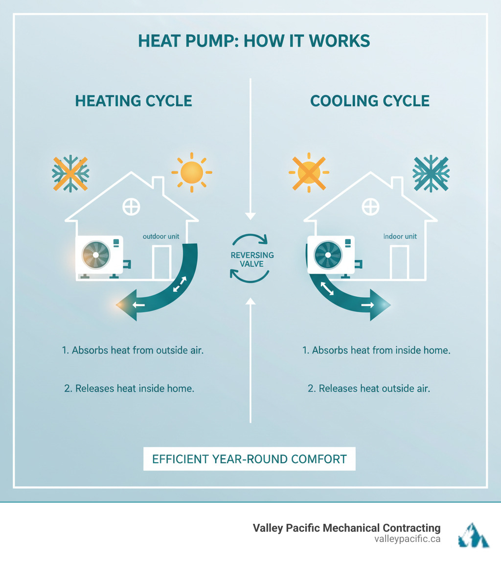 Infographic explaining the basic heating and cooling cycle of a heat pump - Coquitlam heat pump repair infographic 