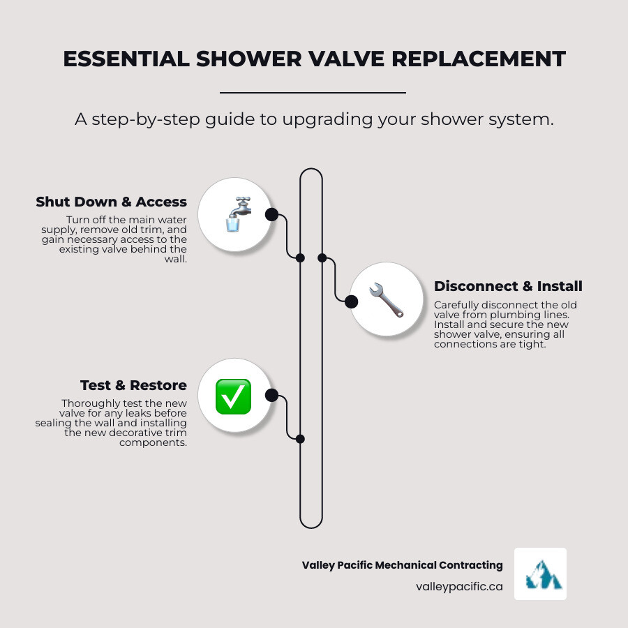 Detailed step-by-step shower valve replacement process showing water shutoff, valve removal, new valve installation, and leak testing with required tools and safety precautions - shower valve replacement infographic infographic-line-3-steps-neat_beige