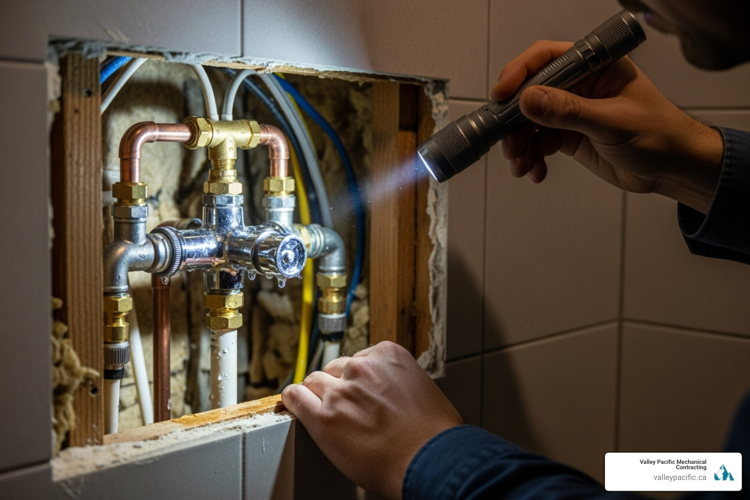 person checking for leaks around a new shower valve with a flashlight - shower valve replacement