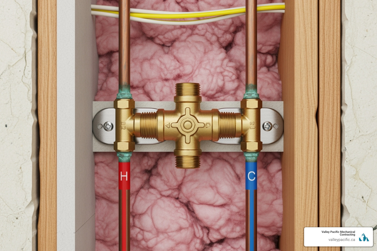 inside of a wall showing a shower valve connected to pipes - shower valve replacement