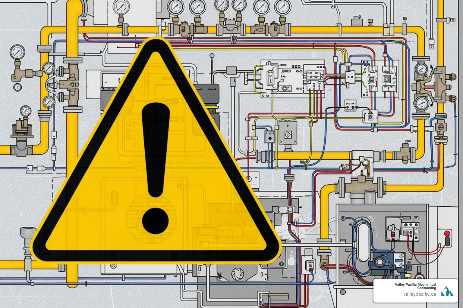 Warning symbol over a complex gas line and electrical diagram, emphasizing the dangers of DIY furnace installation - forced air furnace installation