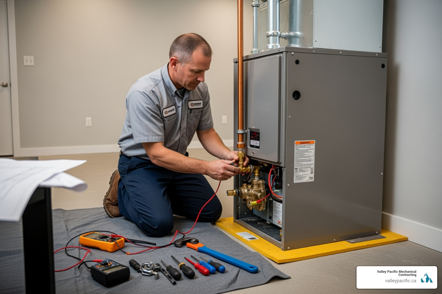 Professional HVAC technician diligently working on a new furnace installation in a clean, organized workspace - forced air furnace installation