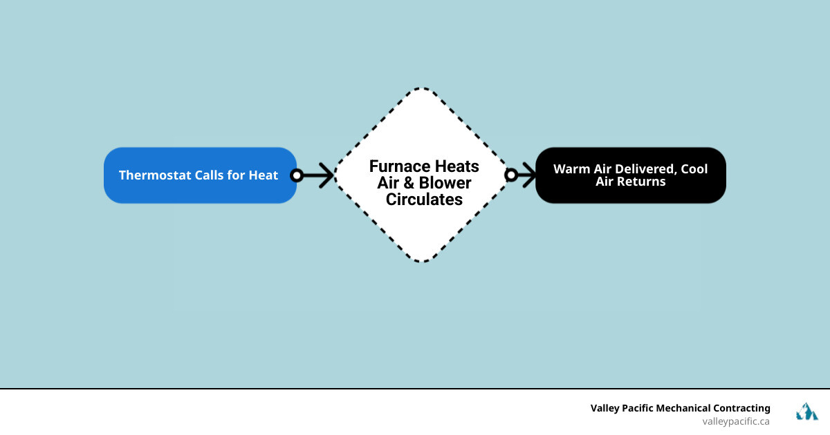 Infographic showing the complete forced air furnace cycle: thermostat signals heat demand, gas ignites in heat exchanger, blower fan circulates warm air through supply ducts to rooms, cool air returns through return ducts back to furnace for reheating - forced air furnace installation infographic flowmap_simple