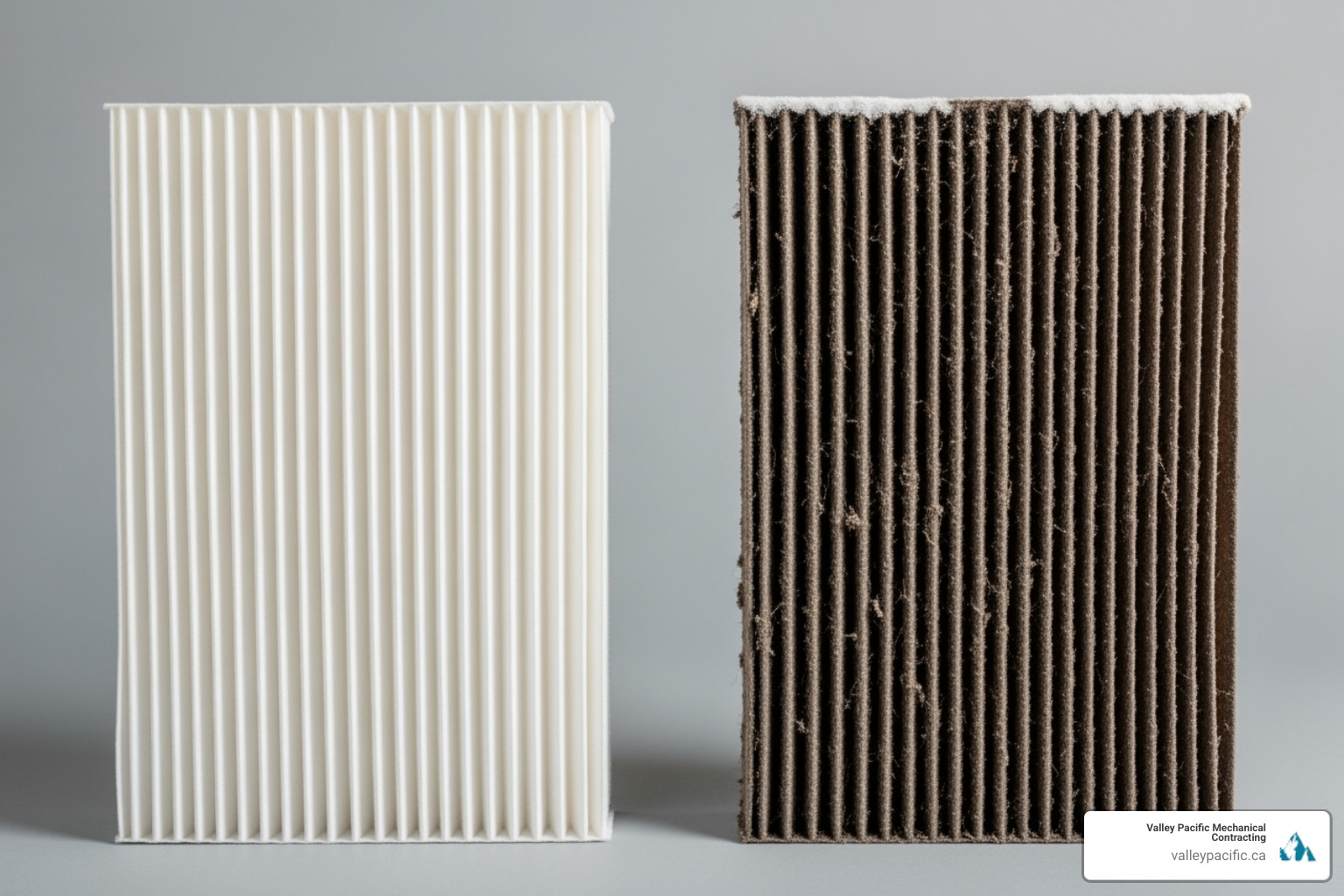 A clean, new furnace filter next to a dirty, clogged one, illustrating the importance of regular filter changes - forced air furnace installation