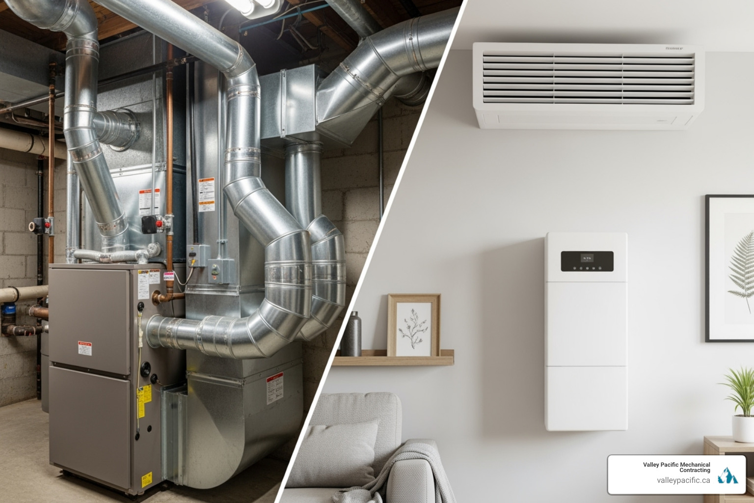split-screen showing a ducted system on one side and a ductless unit on the other - Residential HVAC solutions