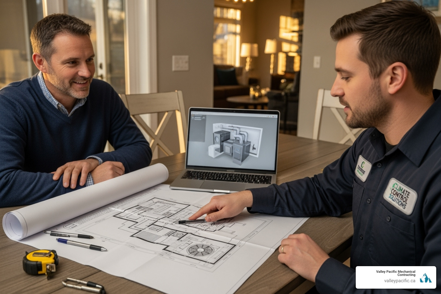 homeowner reviewing HVAC plans with a technician - Residential HVAC solutions