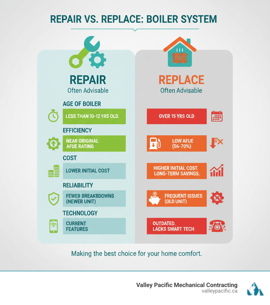 table comparing repair vs. replacement factors - Boiler system maintenance infographic 