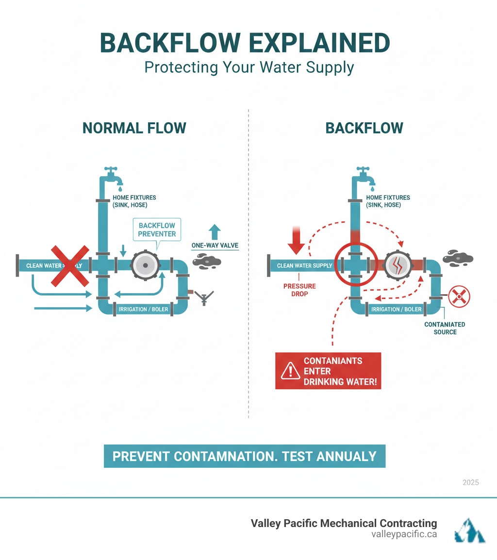 Detailed infographic showing how contaminated water can flow backward through cross-connections into clean water supply lines, with arrows indicating normal flow versus backflow scenarios - backflow prevention testing infographic 