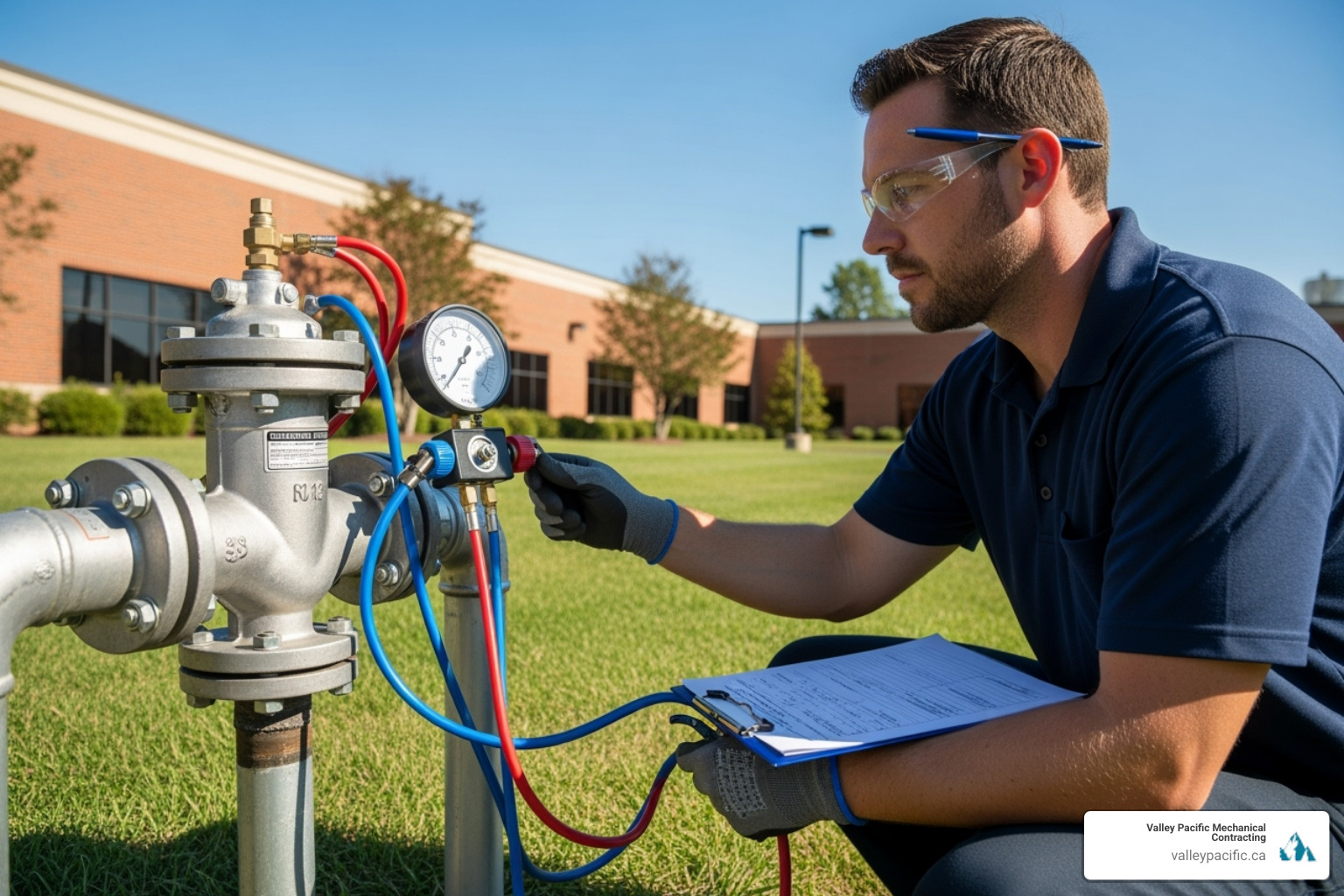 of a certified technician using a backflow test kit on an outdoor assembly - backflow prevention testing
