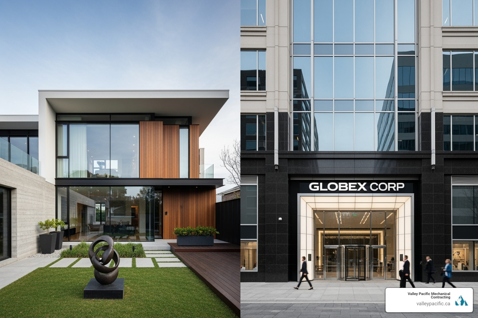 split view of a modern residential home and a commercial building exterior - Mechanical system upgrades