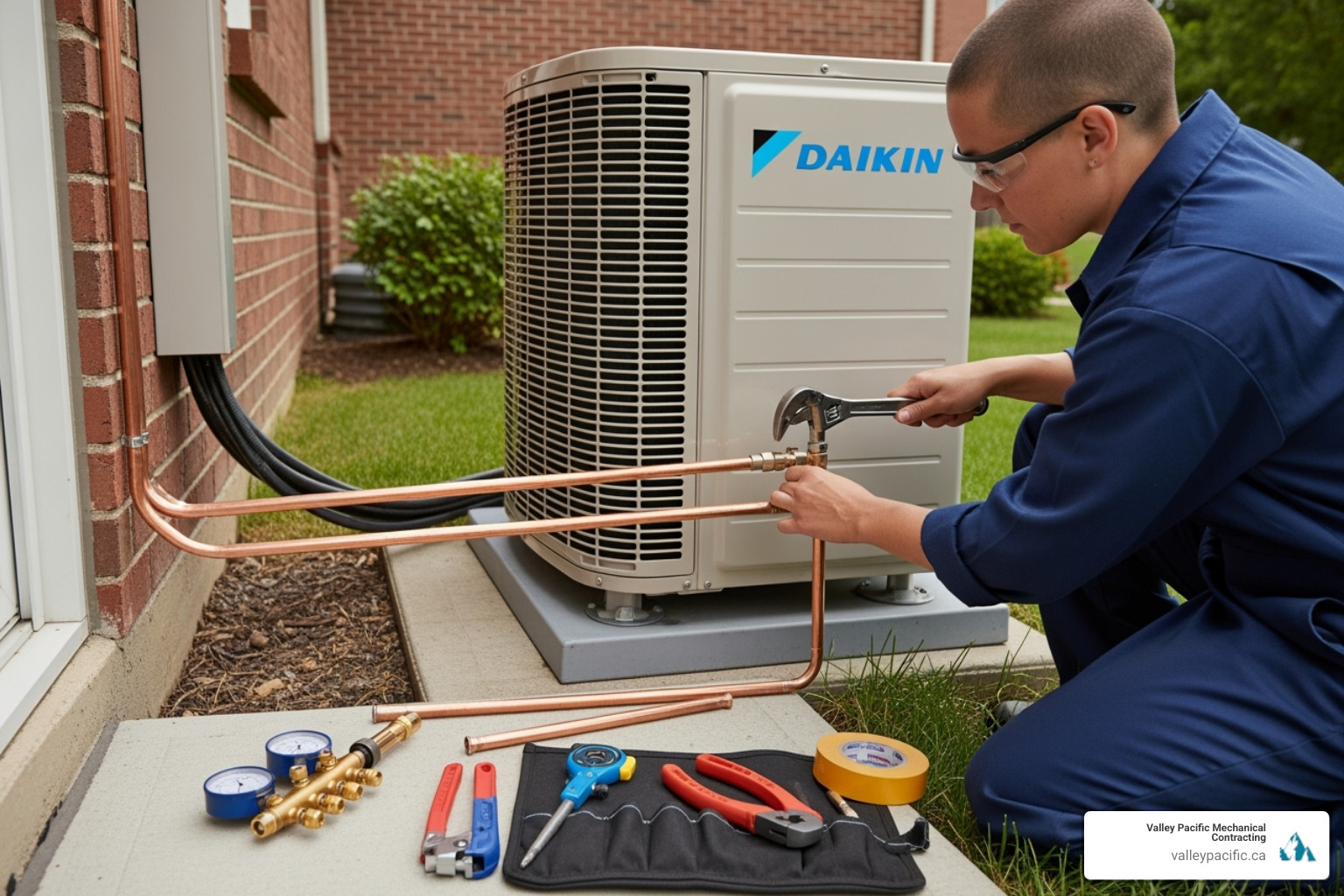 certified technician carefully connecting refrigerant lines to a Daikin outdoor unit - Daikin ac installation