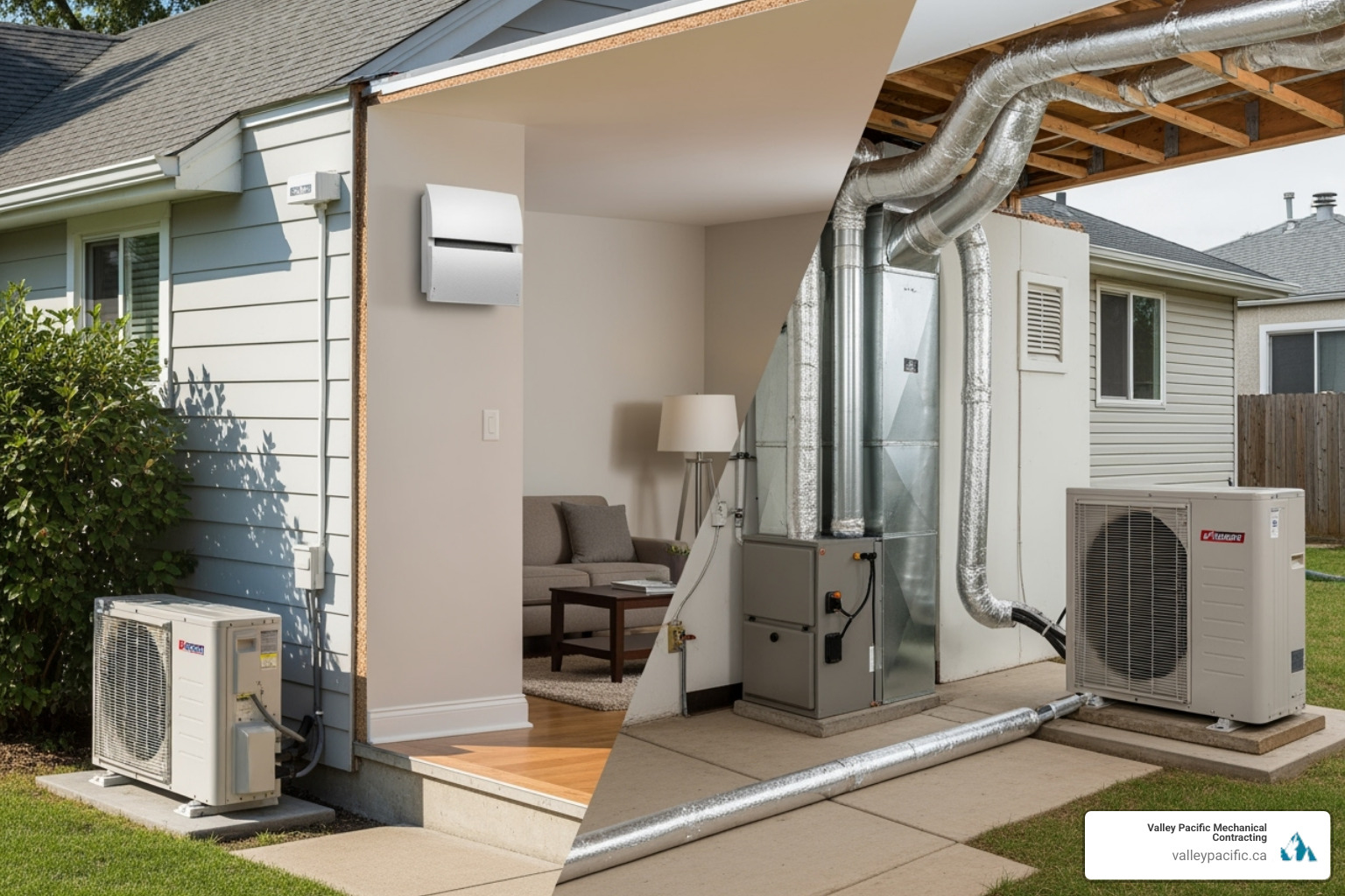 side-by-side comparison of a ductless mini-split system and a central ducted system - Daikin ac installation