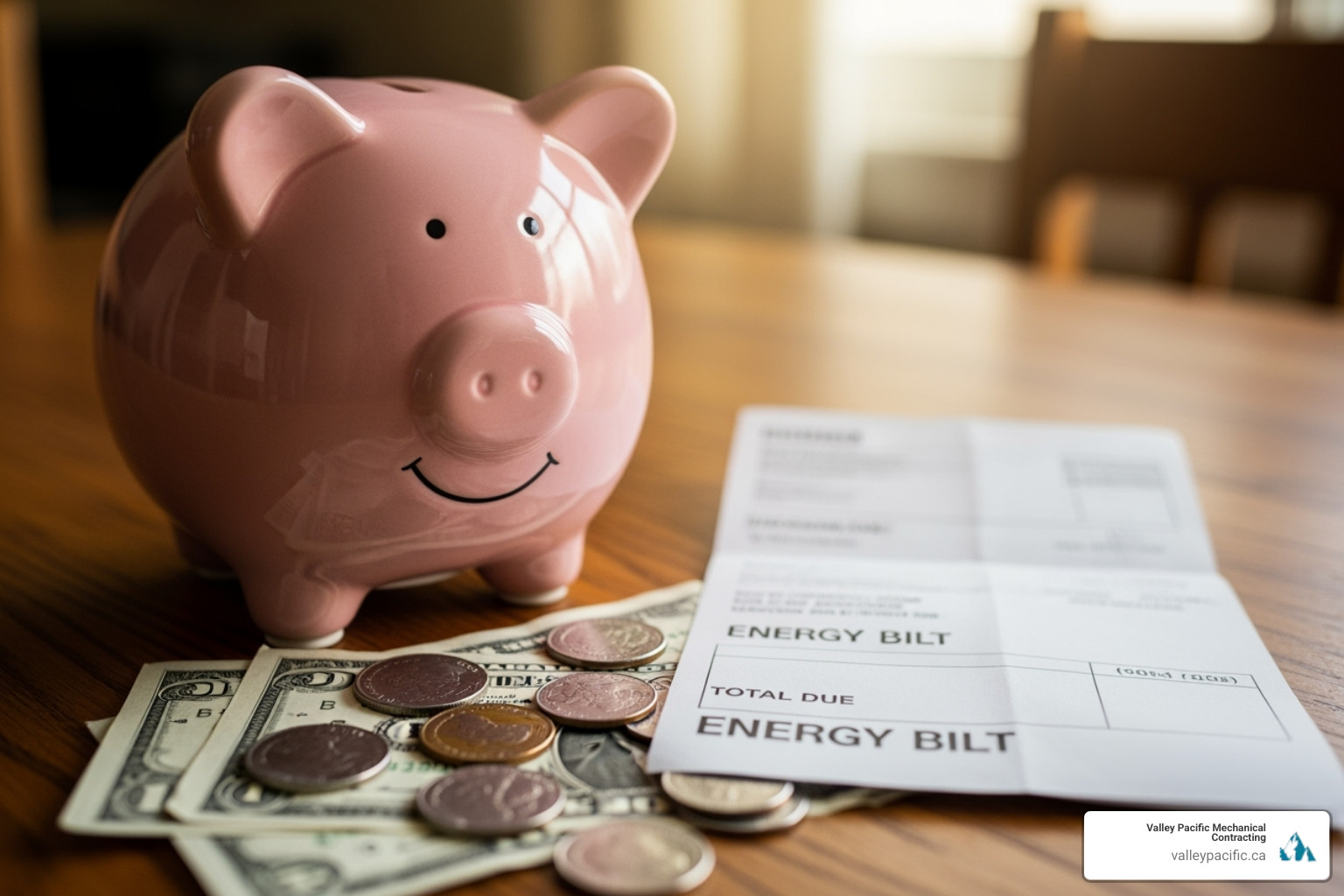 Image of a piggy bank next to an energy bill showing savings - Langley heat pump installation