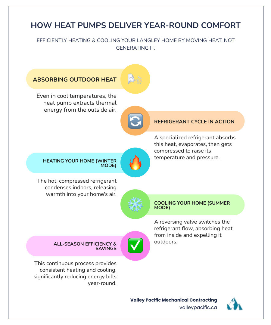 Infographic showing how heat pumps transfer heat from outside air in winter heating mode and remove heat from inside air in summer cooling mode, with arrows indicating heat flow direction and refrigerant cycle components - Langley heat pump installation infographic infographic-line-5-steps-colors