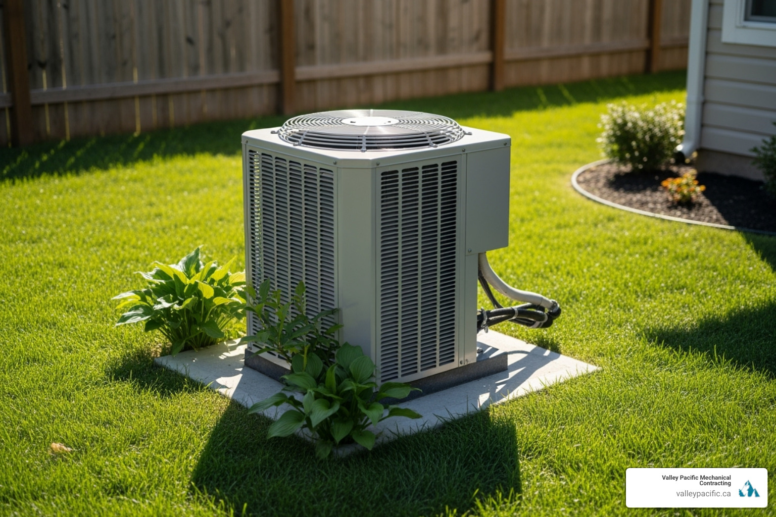 Clean and well-maintained outdoor AC unit in a residential backyard - ac service langley Clean and well-maintained outdoor AC unit in a residential backyard - ac service langley