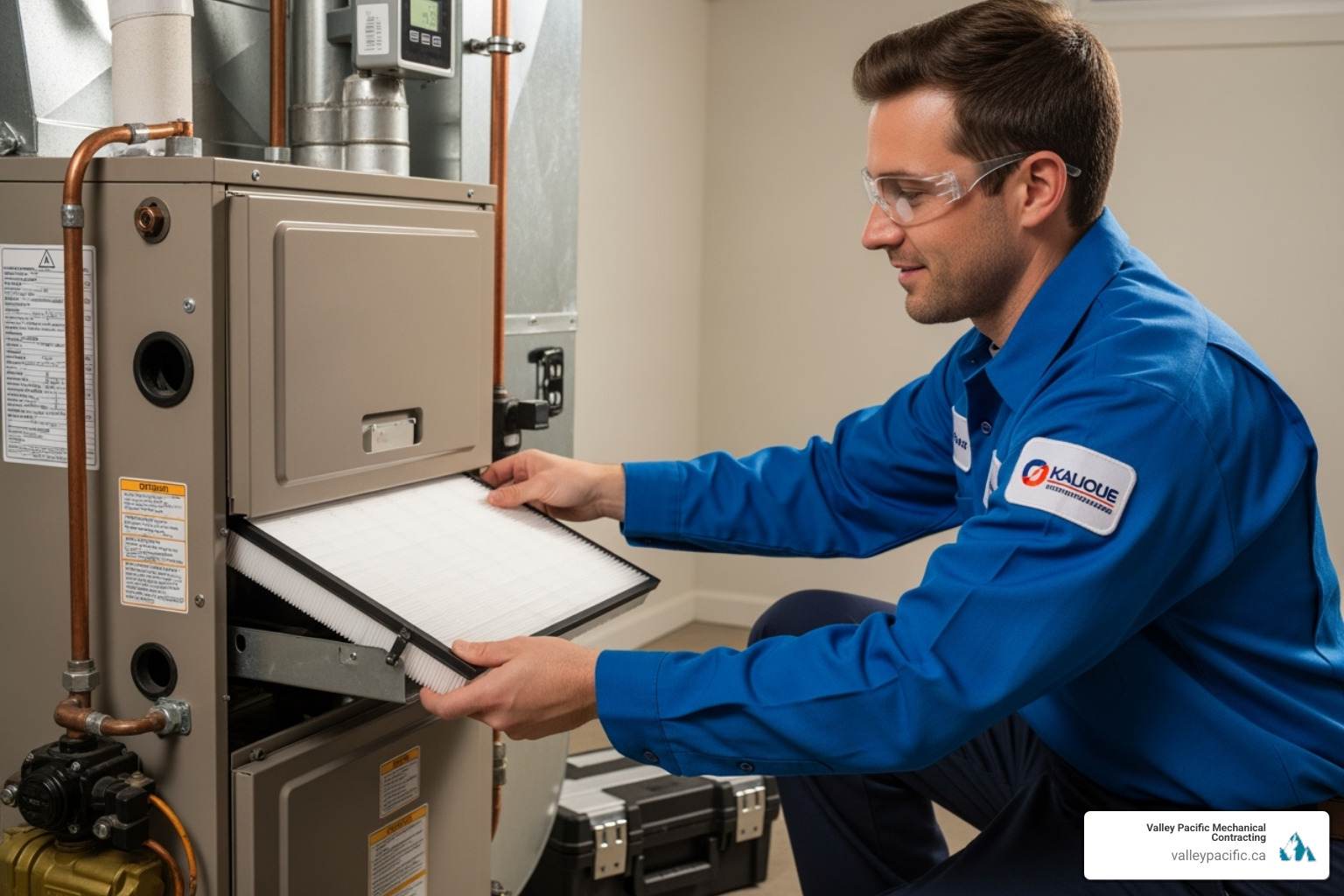 A friendly, professional technician in uniform carefully sliding a new filter into a furnace - furnace filter replacement service