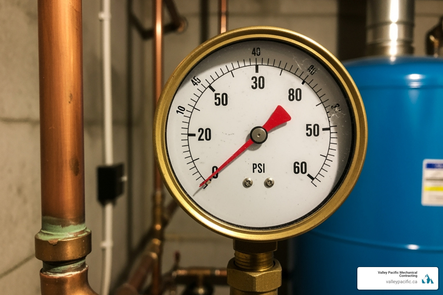 A close-up image of a boiler pressure gauge showing an abnormally low pressure reading, indicating a potential issue with the boiler system - boiler repair langley bc