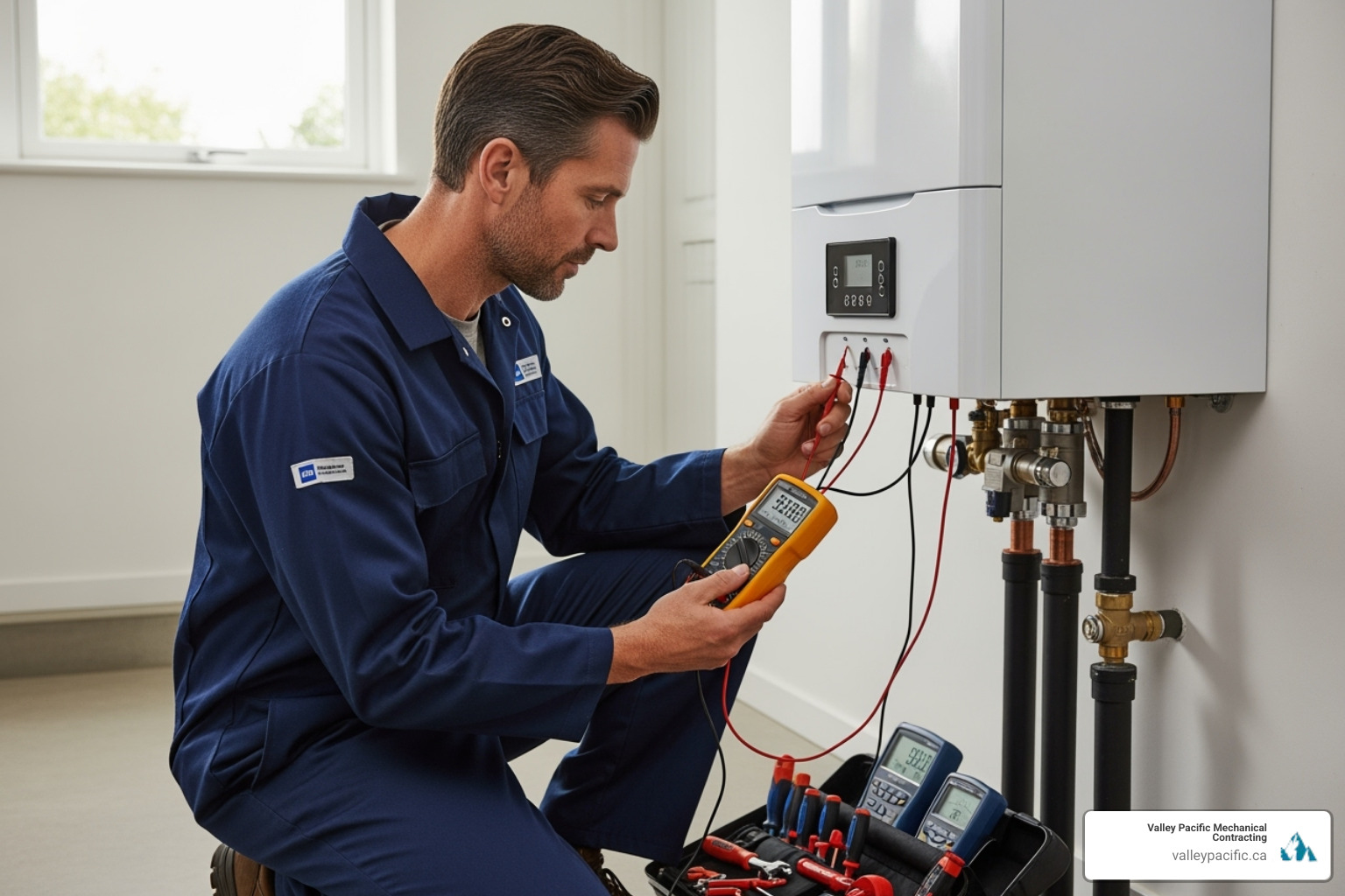 A skilled technician performing an annual maintenance tune-up on a modern, clean boiler system, using diagnostic tools - boiler repair langley bc