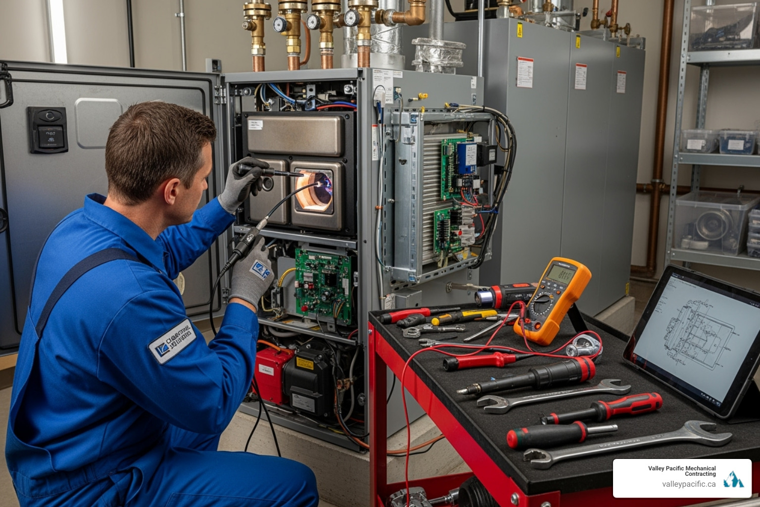 A professional HVAC technician carefully inspecting the internal components of a boiler system, with tools laid out nearby - boiler repair langley bc