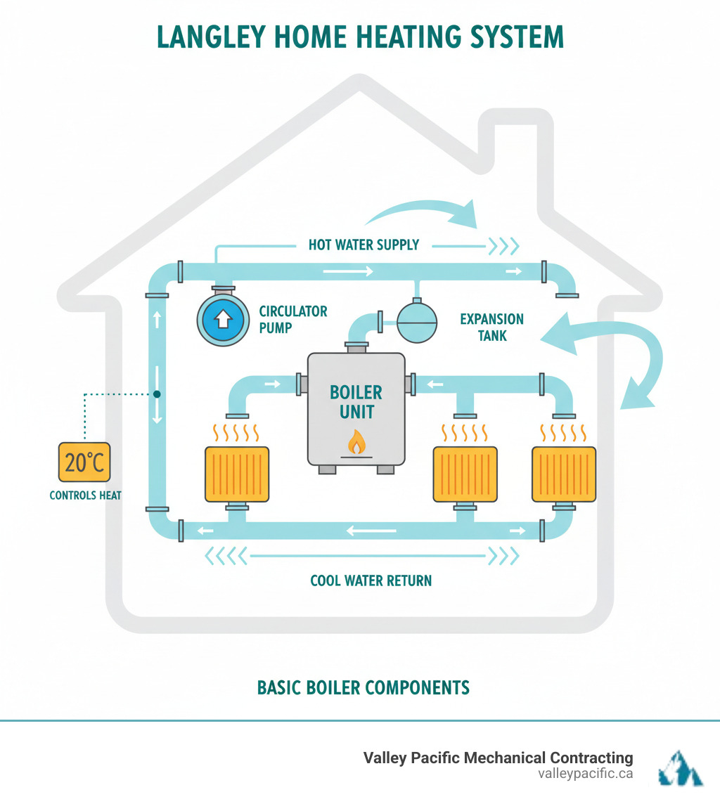 Infographic showing the basic components of a home boiler system including the boiler unit, circulator pump, expansion tank, radiators or baseboard heaters, thermostat, and return pipes, with arrows indicating water flow direction and heat distribution throughout a typical Langley home - boiler repair langley bc infographic 