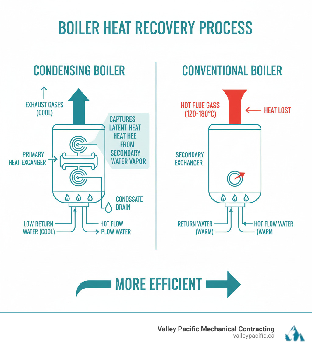 Infographic showing condensing boiler heat recovery process with primary and secondary heat exchangers capturing latent heat from water vapor in exhaust gases, compared to conventional boiler losing heat through hot flue gases - Condensing boiler installation infographic  Infographic showing condensing boiler heat recovery process with primary and secondary heat exchangers capturing latent heat from water vapor in exhaust gases, compared to conventional boiler losing heat through hot flue gases - Condensing boiler installation infographic