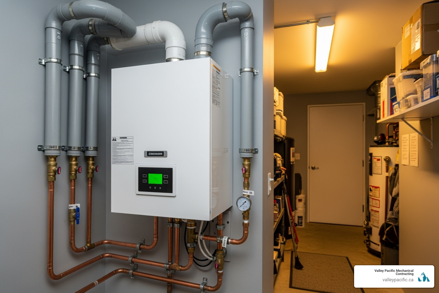 neatly installed PVC vent pipes and copper water lines connected to a condensing boiler - Condensing boiler installation neatly installed PVC vent pipes and copper water lines connected to a condensing boiler - Condensing boiler installation