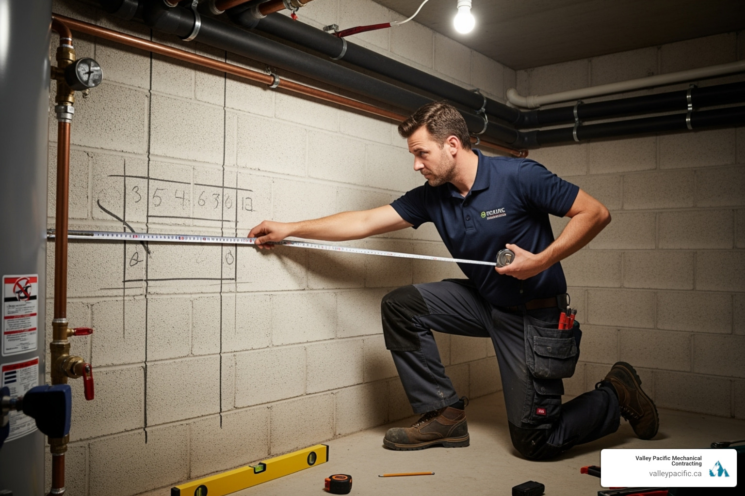 technician measuring a space for a boiler installation, showing clearances - Condensing boiler installation technician measuring a space for a boiler installation, showing clearances - Condensing boiler installation