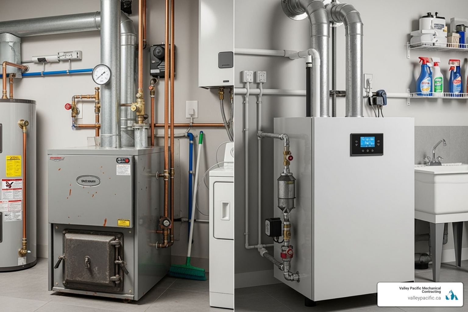 side-by-side comparison showing a bulky, older atmospheric boiler and a compact, modern condensing boiler - Condensing boiler installation side-by-side comparison showing a bulky, older atmospheric boiler and a compact, modern condensing boiler - Condensing boiler installation