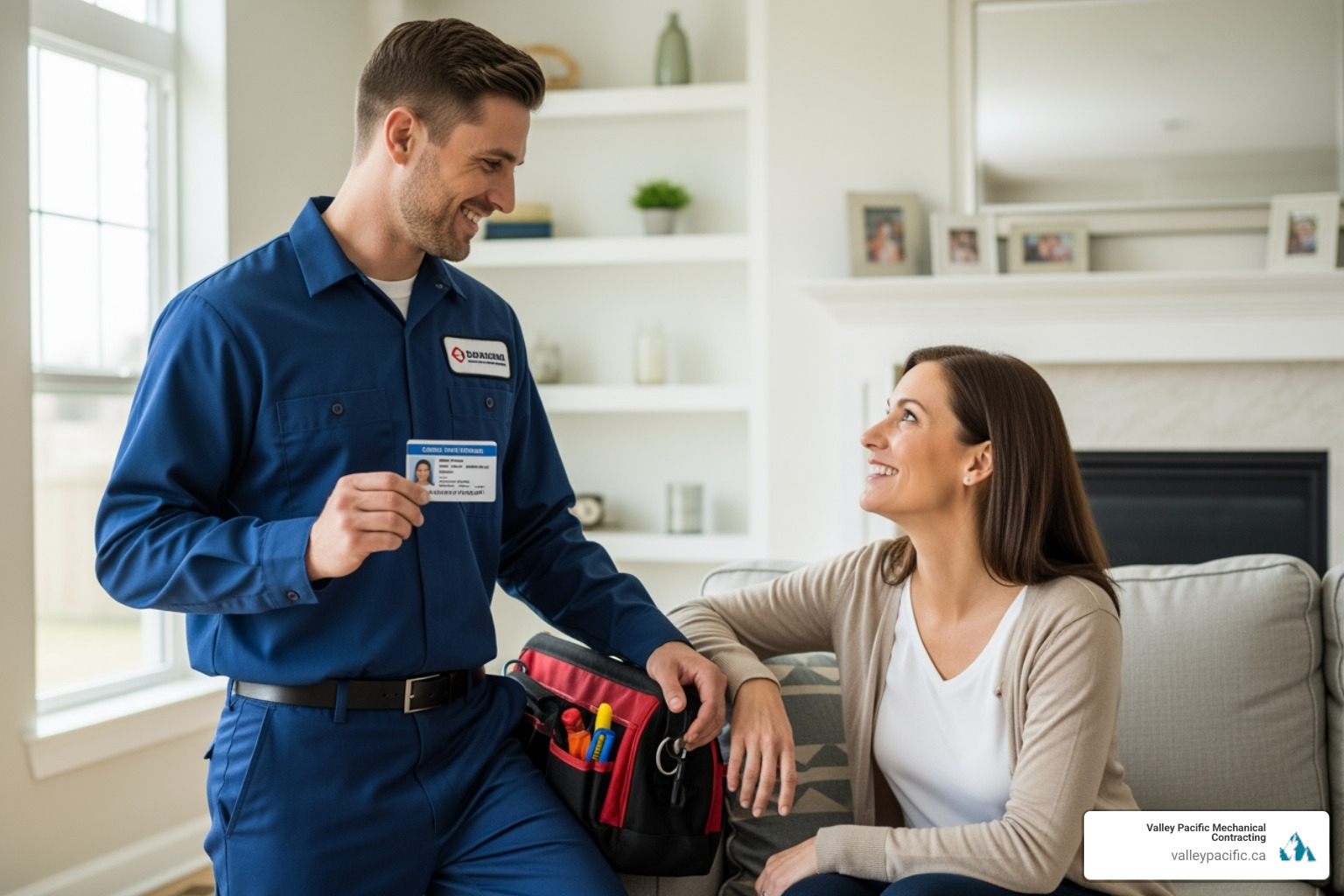 A licensed HVAC technician showing a client their official license ID card, fostering trust and demonstrating professionalism. - Licensed HVAC technicians