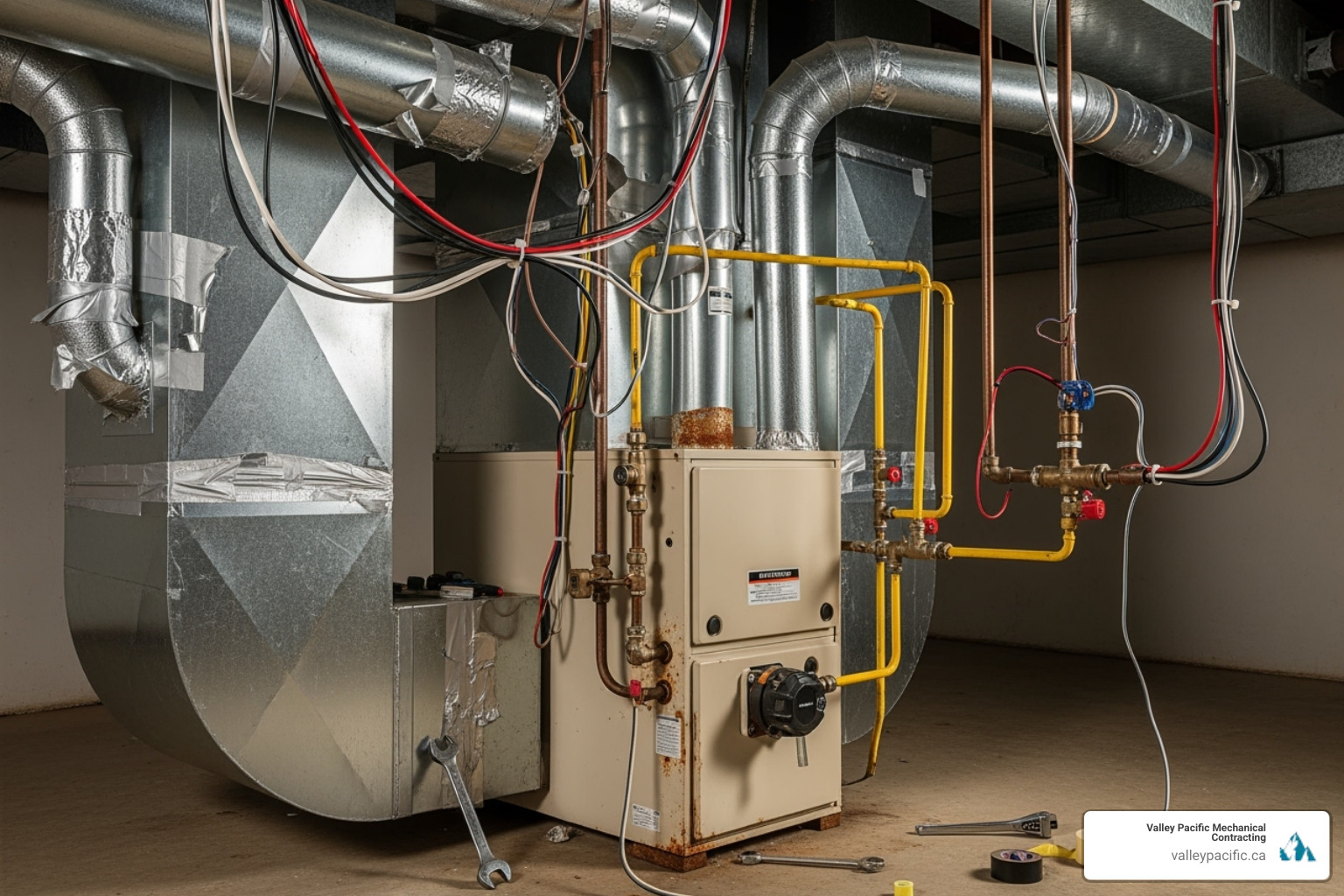 A poorly installed furnace with messy, uninsulated ductwork, exposed wiring, and gas lines, clearly indicating substandard, unlicensed work and potential hazards. - Licensed HVAC technicians