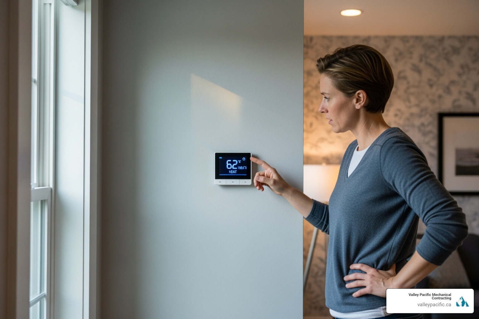 of a homeowner looking concerned at their thermostat - Langley heat pump repair of a homeowner looking concerned at their thermostat - Langley heat pump repair
