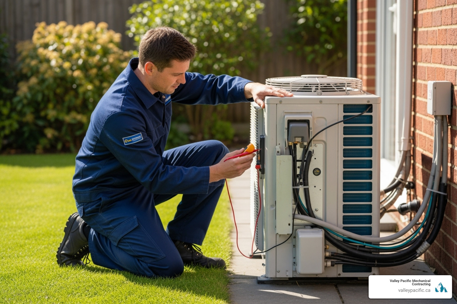 of a professional technician inspecting an outdoor heat pump unit - Langley heat pump repair of a professional technician inspecting an outdoor heat pump unit - Langley heat pump repair