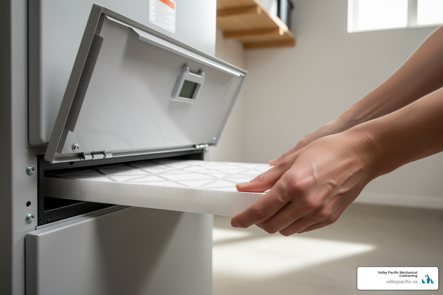 homeowner easily changing their furnace's air filter - furnace installation langley bc