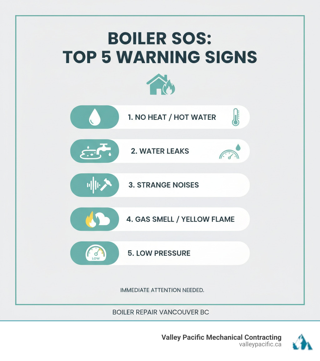 Infographic showing the top 5 signs your boiler needs immediate attention: 1. No heat or hot water production, 2. Visible water leaks around the unit, 3. Strange noises like banging or whistling, 4. Gas smell or yellow pilot light flame, 5. Low pressure gauge reading or frequent pressure drops - boiler repair vancouver bc infographic Infographic showing the top 5 signs your boiler needs immediate attention: 1. No heat or hot water production, 2. Visible water leaks around the unit, 3. Strange noises like banging or whistling, 4. Gas smell or yellow pilot light flame, 5. Low pressure gauge reading or frequent pressure drops - boiler repair vancouver bc infographic