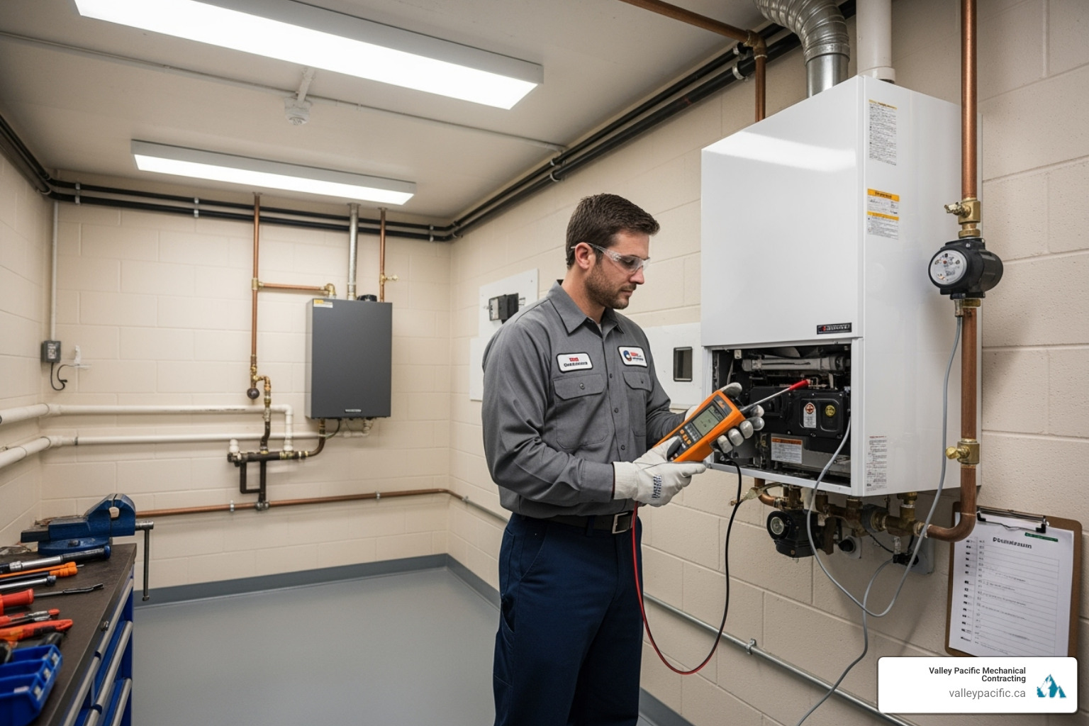 of a certified technician inspecting a boiler and flue system - Boiler flue repair of a certified technician inspecting a boiler and flue system - Boiler flue repair